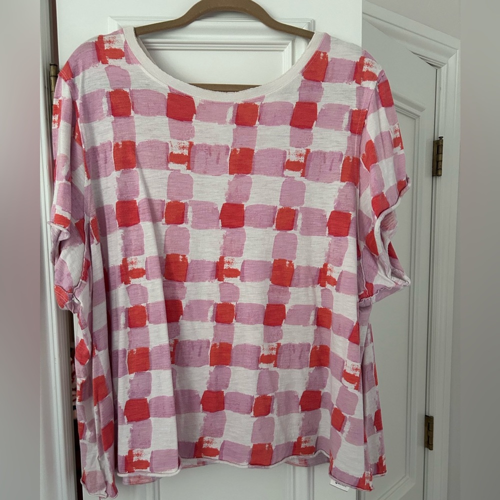 Maeve Red and Pink Plaid Short Sleeve Top